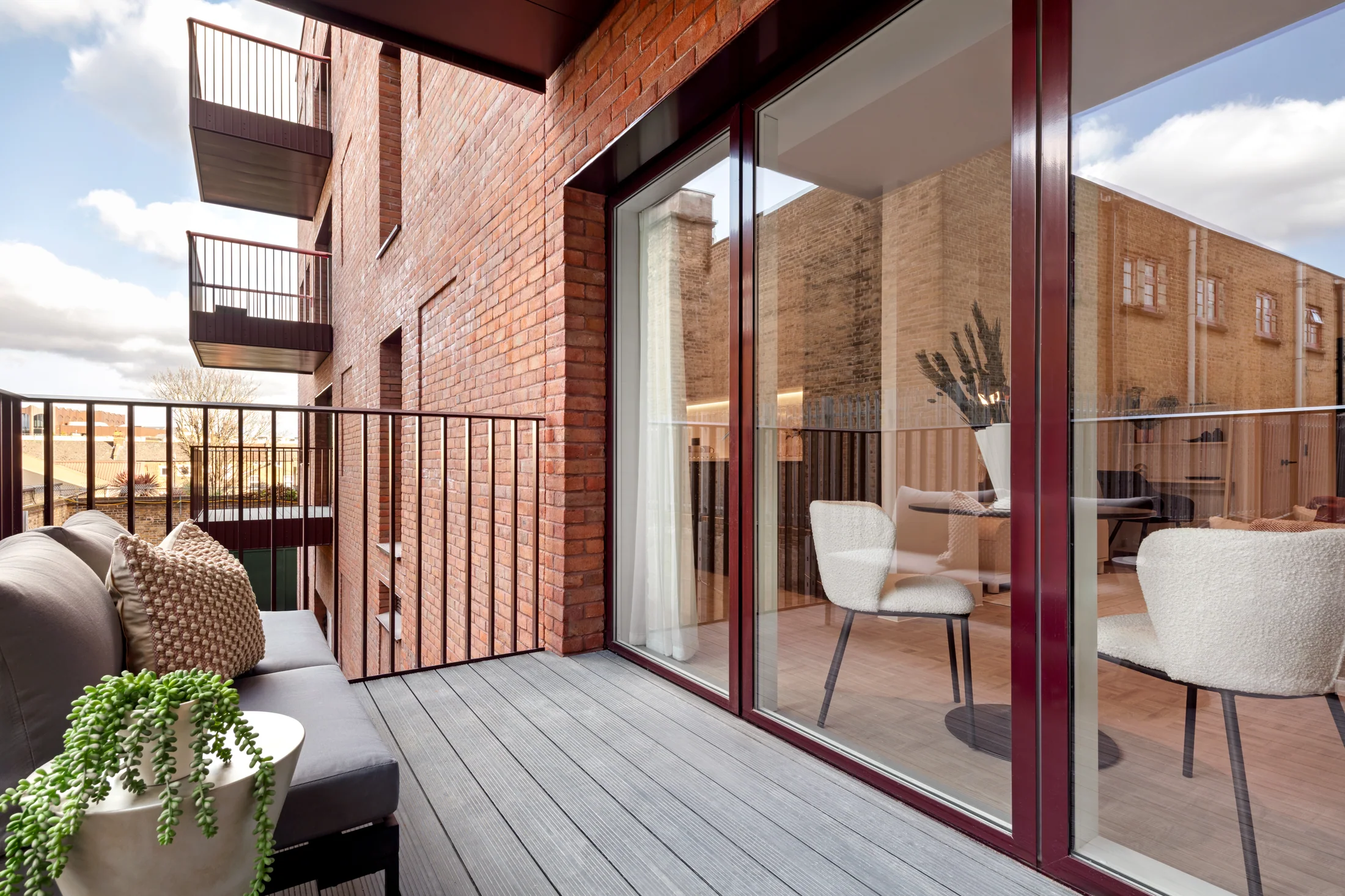 One Clapham balcony looking back towards the studio's dining area and window dressing
